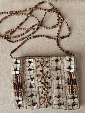 Moyna Vintage Boho Beaded Shell Crossbody Bag Mother of Pearl Wood Bead Purse